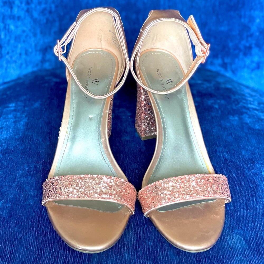 Sparkly Hot Pink Glitter Open Toe Ankle Strap Block Heels - Picture 4 of 9